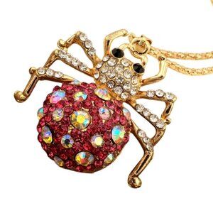 Betsey Johnson Necklace Pink Iridescent Crystal Spider Pendant Gold Tone